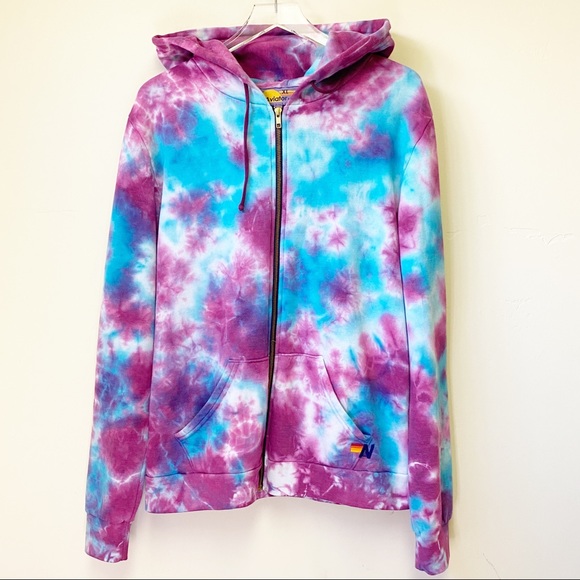 AVIATOR NATION Tie Dye Zip Up Hoodie turquoise purple XL unisex sweatshirt - Picture 2 of 11